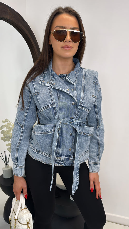 KENDALL mid blue denim belted jacket