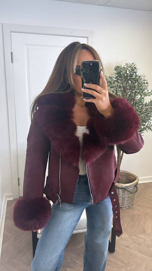 SAMANTHA burgundy faux leather biker jacket