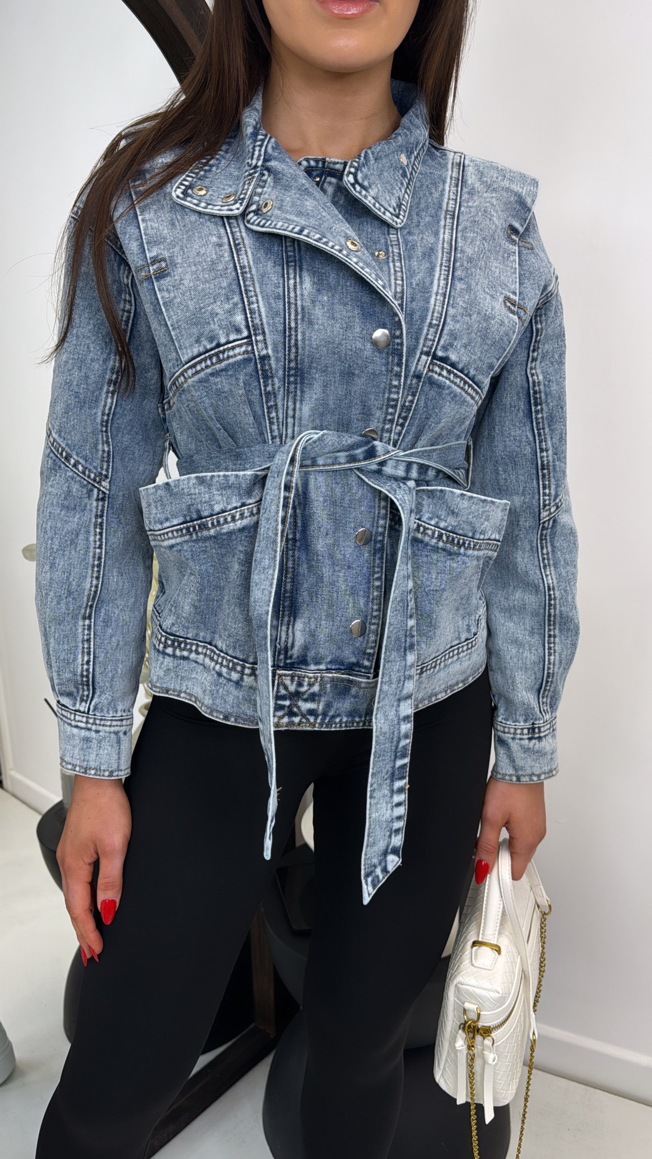 KENDALL mid blue denim belted jacket