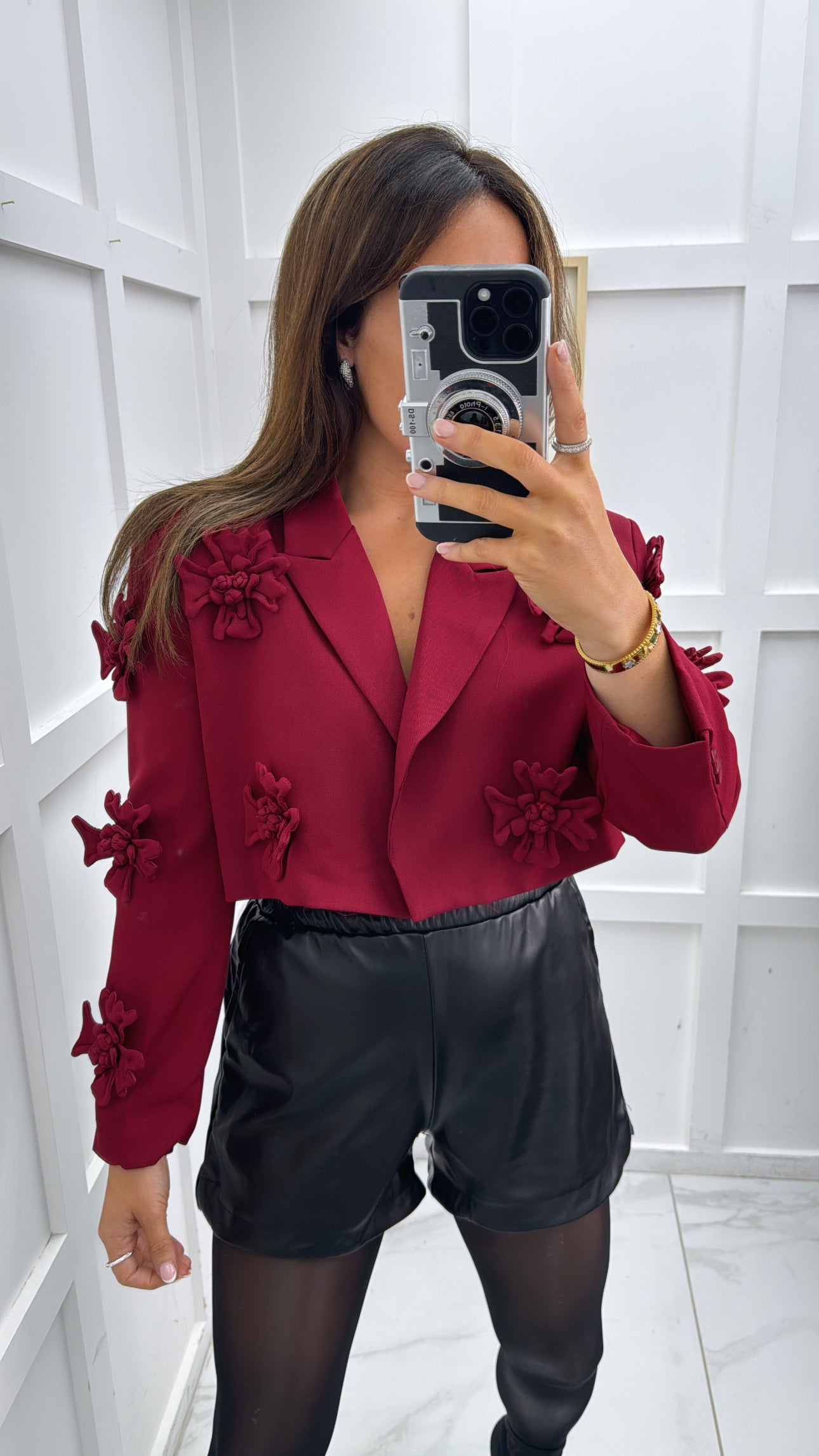 ERICA cherry red cropped blazer with flower appliqué detail