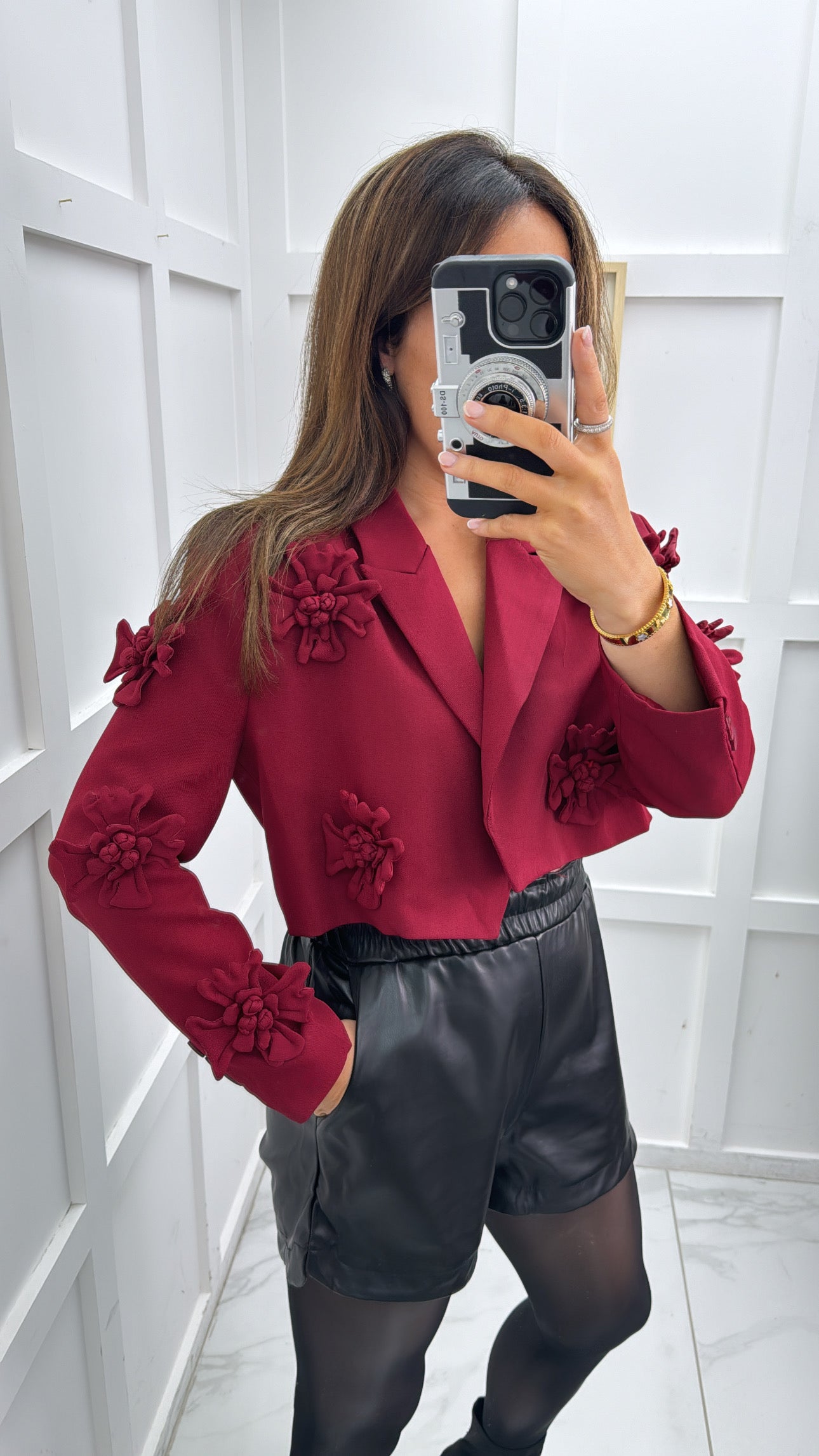 ERICA cherry red cropped blazer with flower appliqué detail