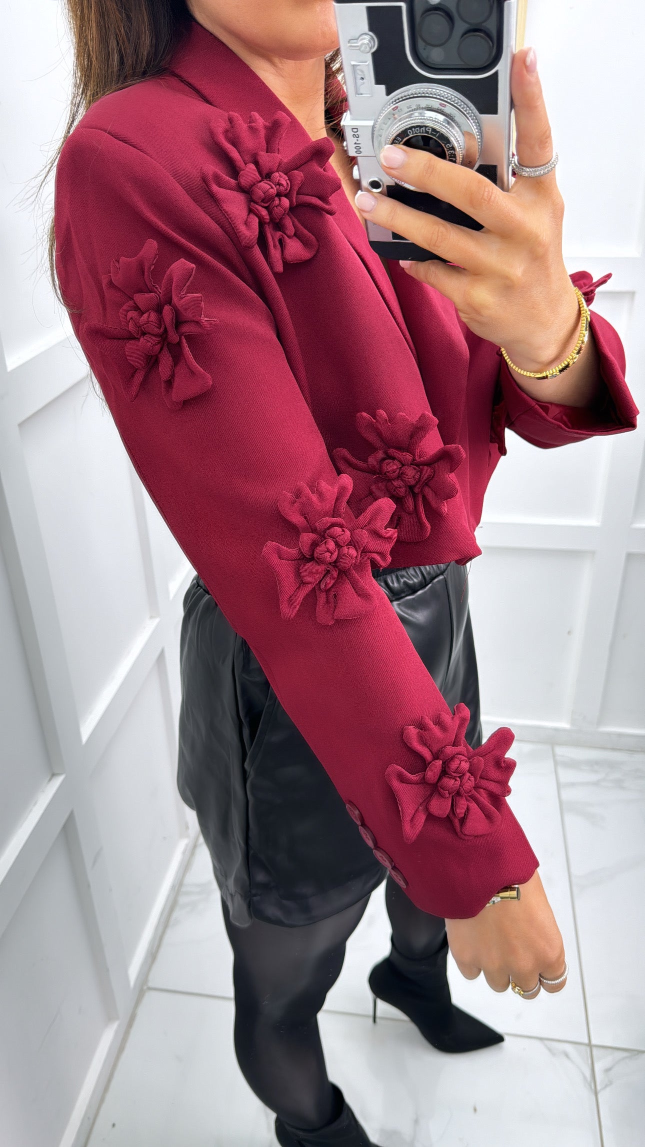 ERICA cherry red cropped blazer with flower appliqué detail