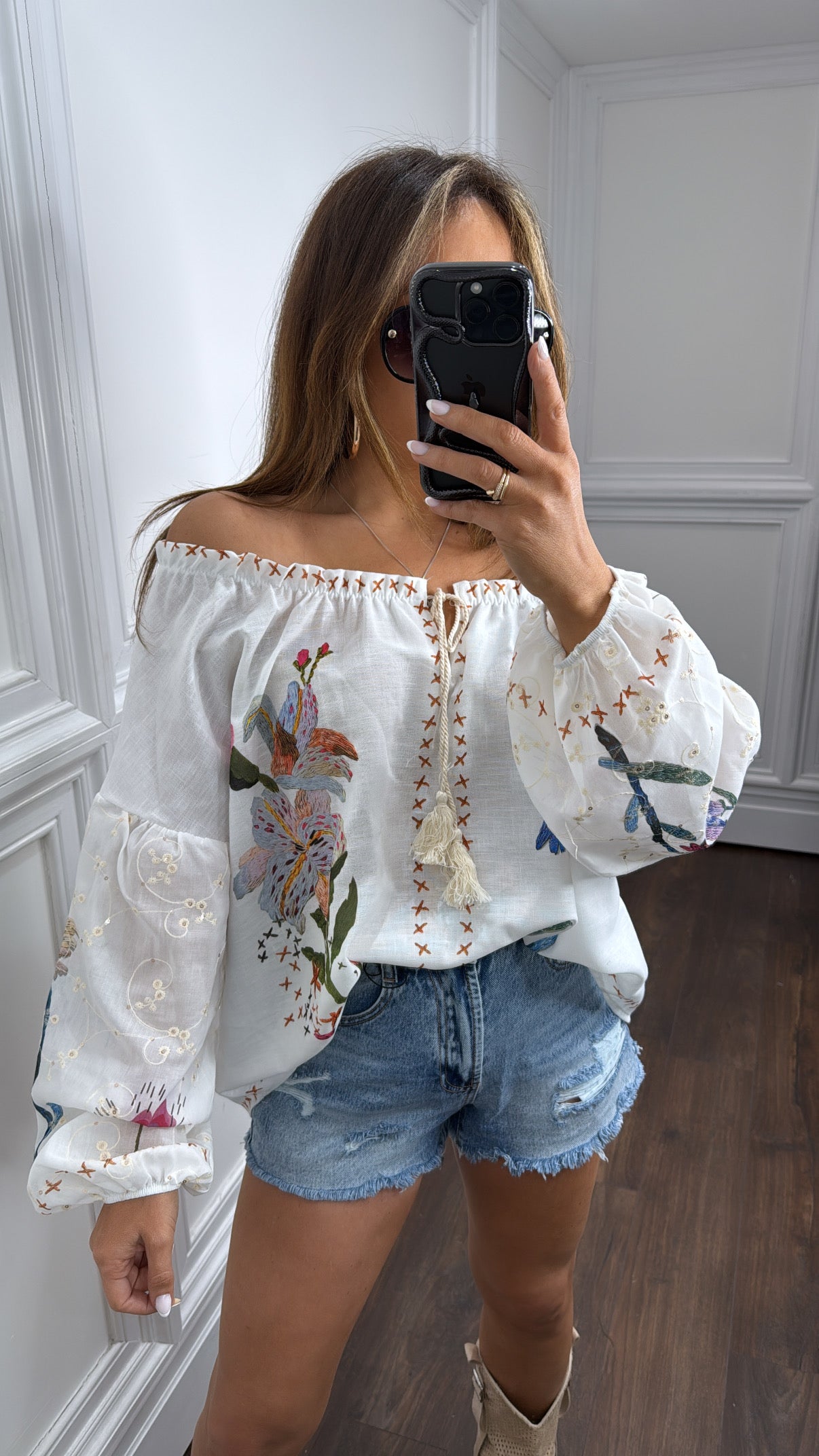 HARPER  white off the shoulder floral detail top