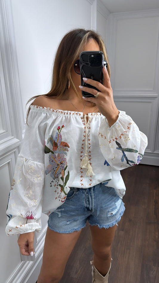 HARPER  white off the shoulder floral detail top