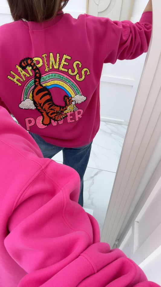 HARPER pink sweatshirt with happiness and power rainbow slogan