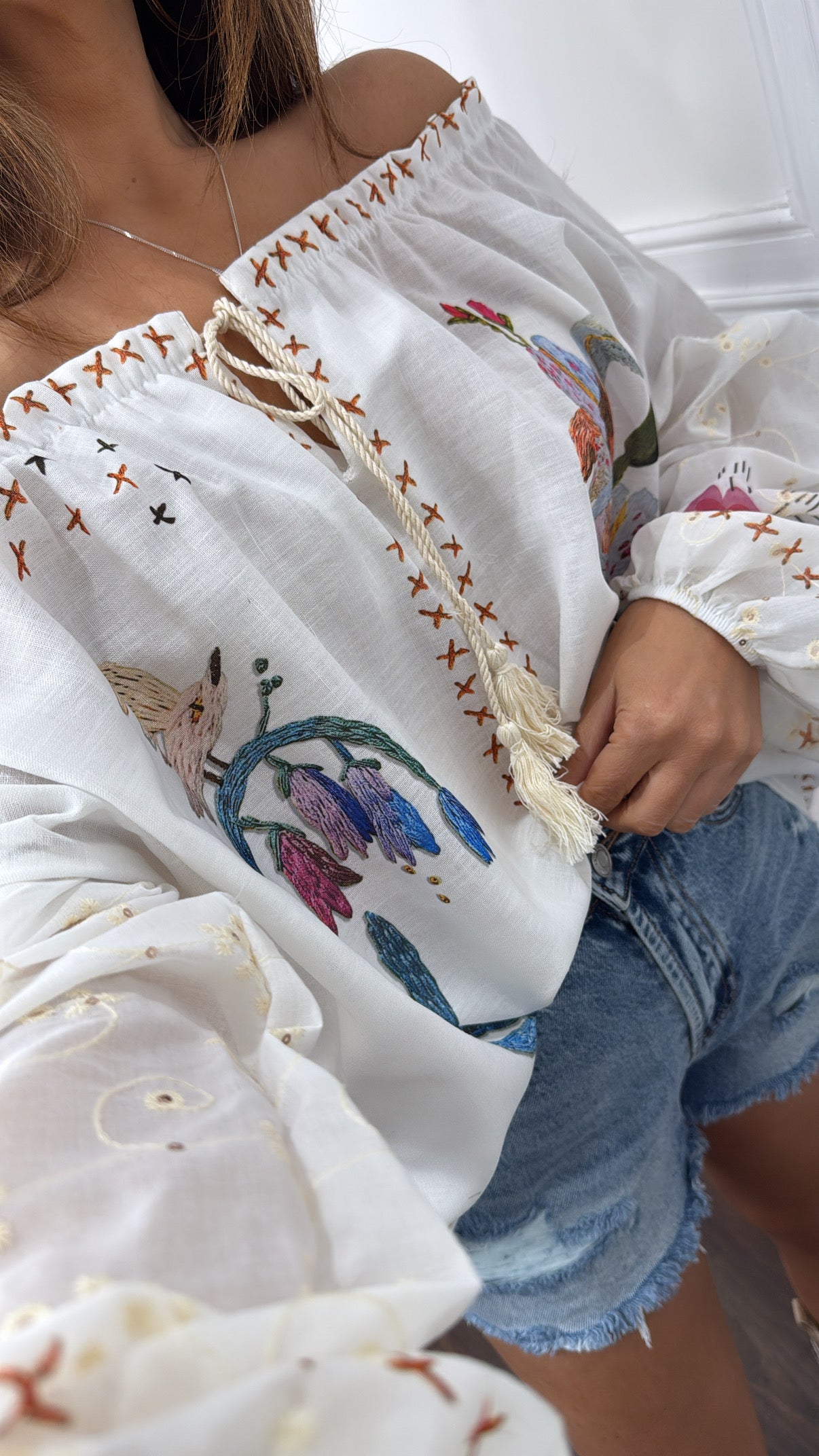 HARPER  white off the shoulder floral detail top