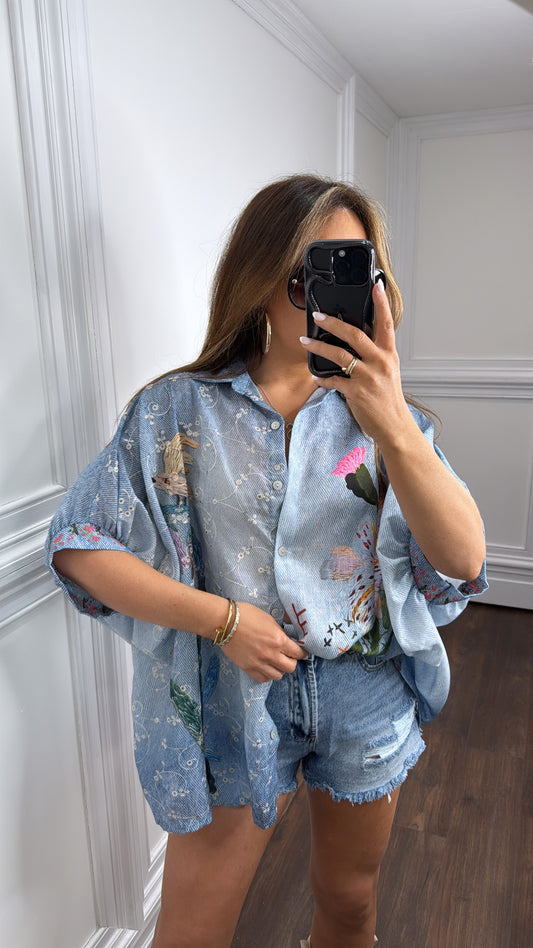 PALOMA blue linen look oversized floral shirt