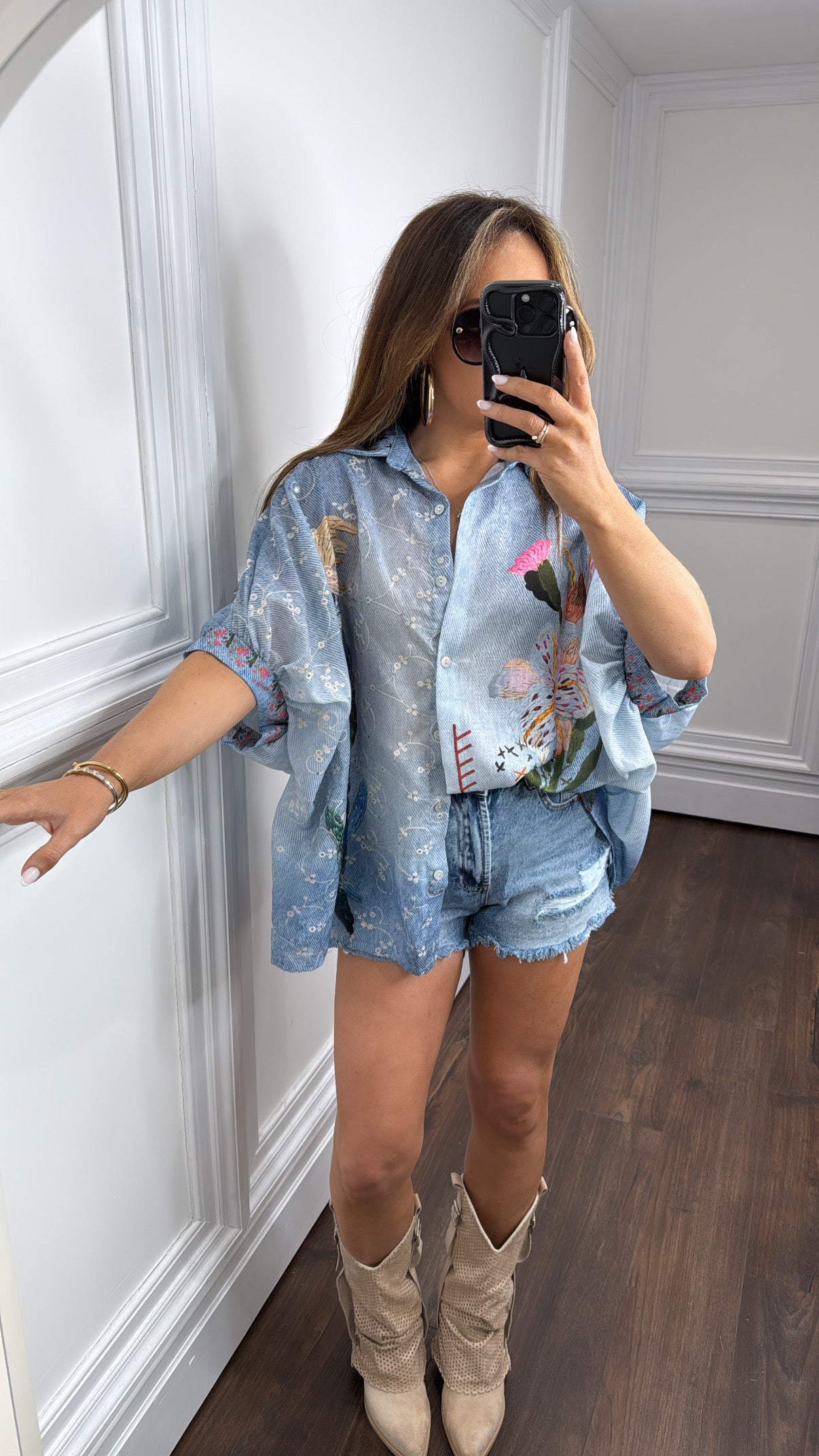 PALOMA blue linen look oversized floral shirt