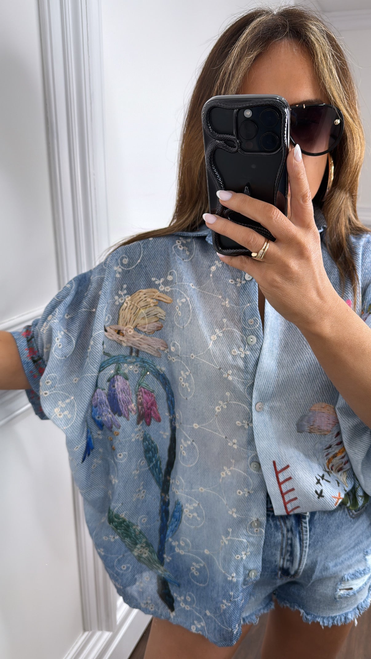 PALOMA blue linen look oversized floral shirt