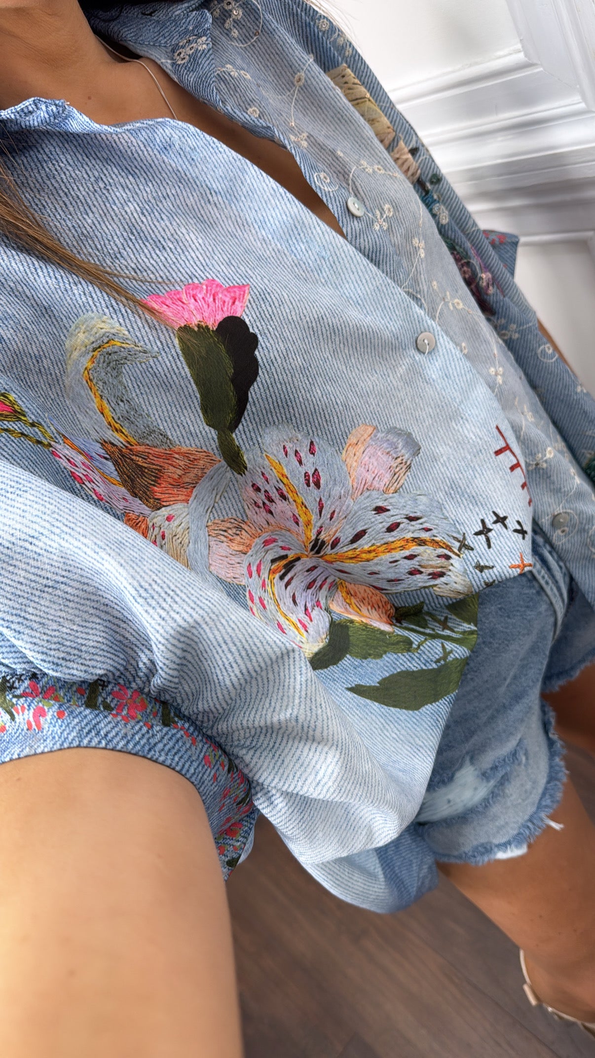 PALOMA blue linen look oversized floral shirt