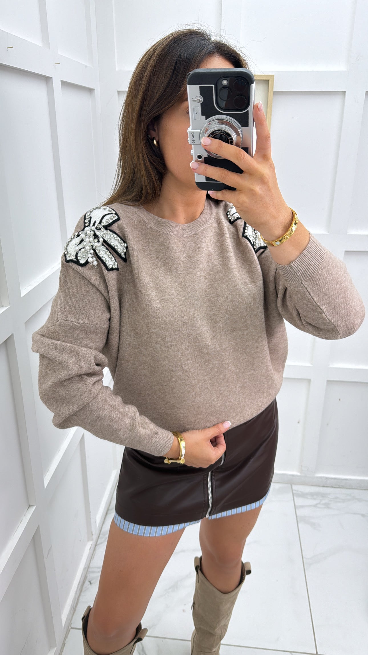 AUBREE beige diamanté pearl bow detail jumper