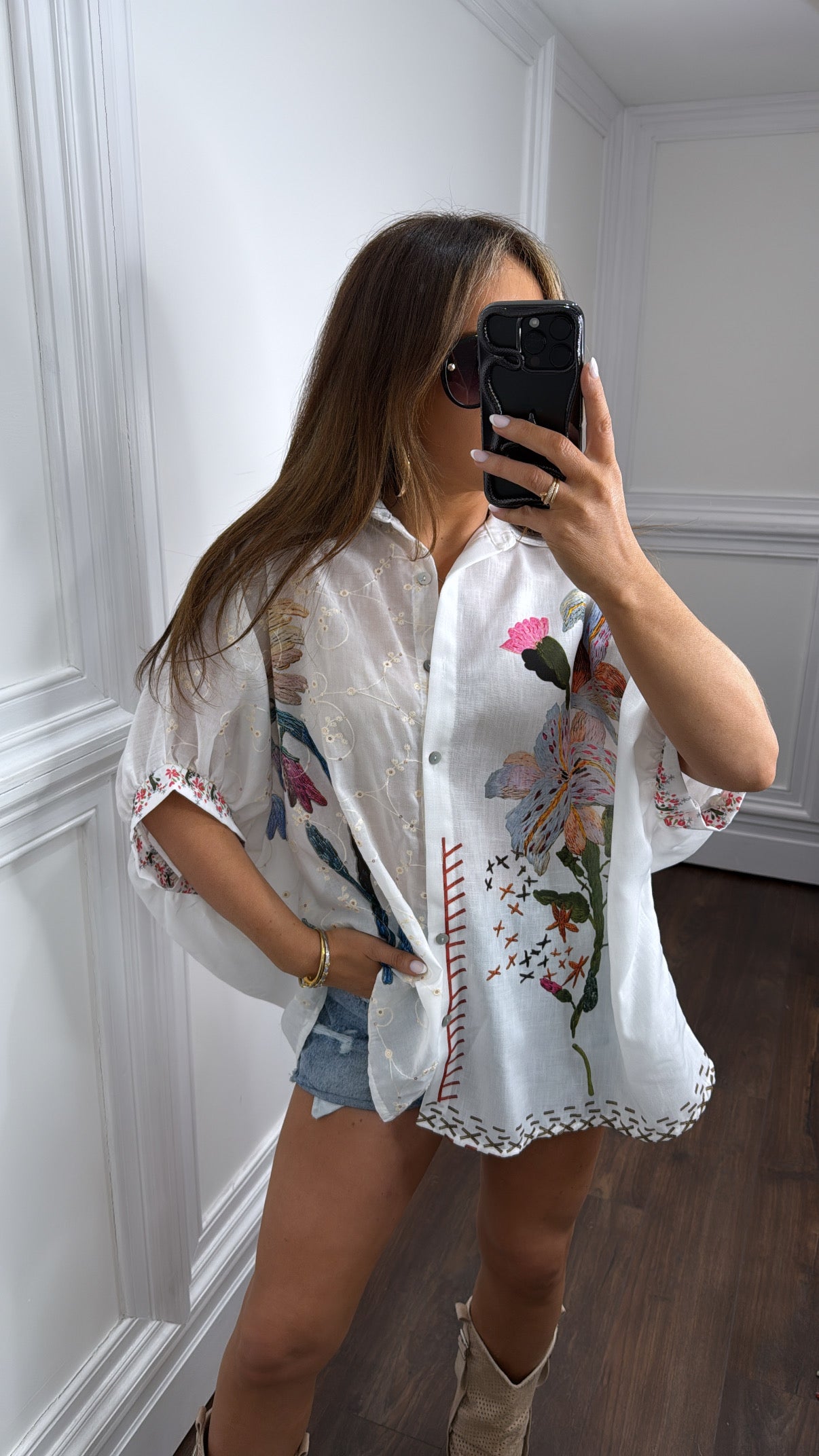 PALOMA white linen look oversized floral shirt