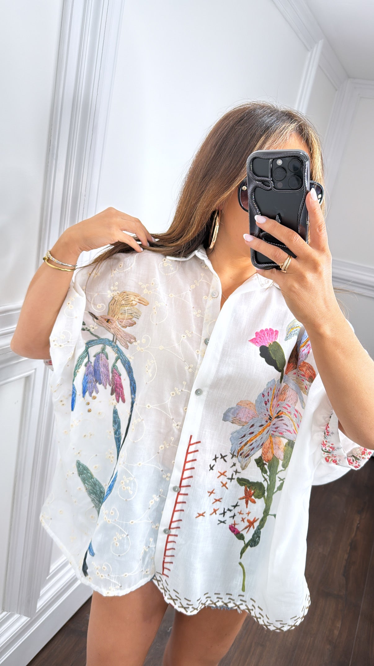 PALOMA white linen look oversized floral shirt