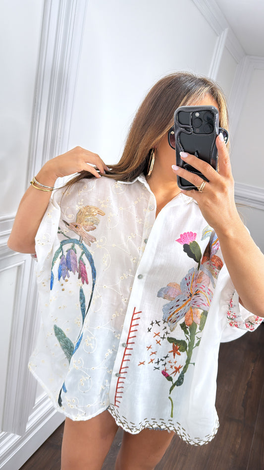 PALOMA white linen look oversized floral shirt