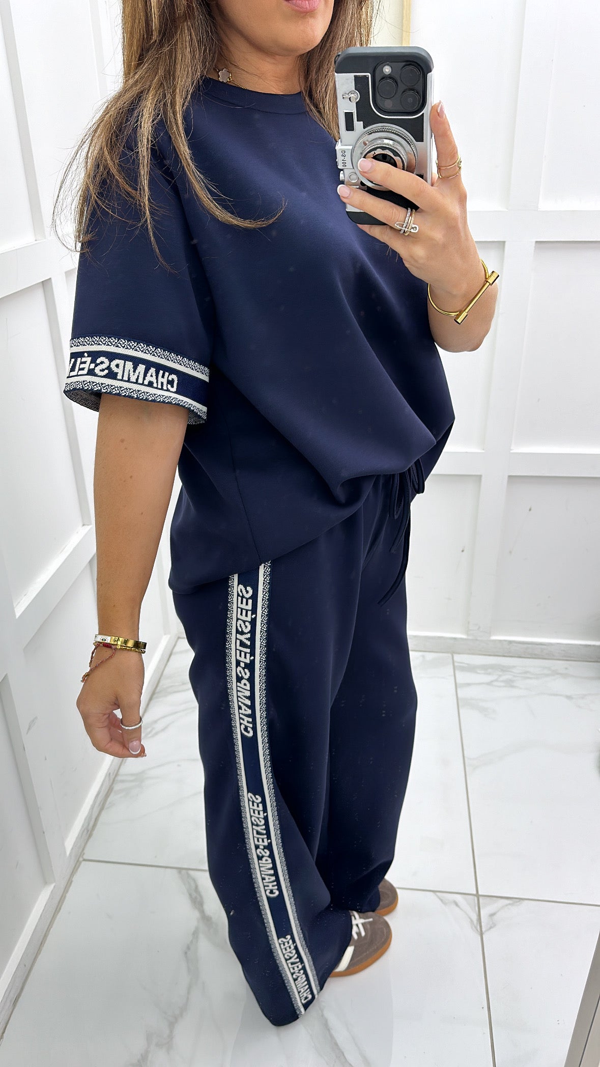 CHAMPS ELYSEE navy top and jogger tracksuit side panel slogan