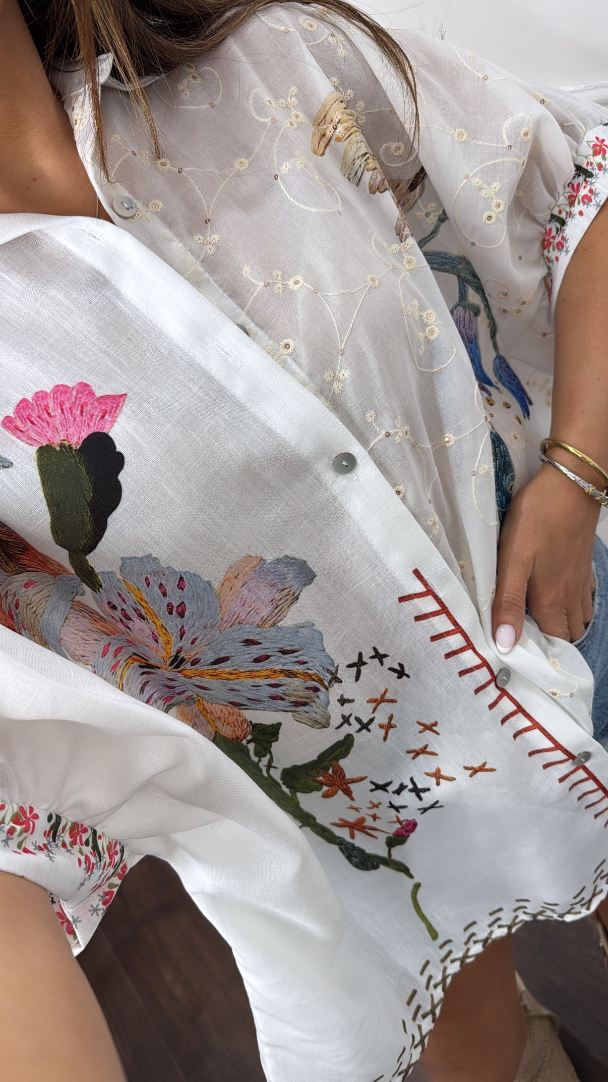PALOMA white linen look oversized floral shirt