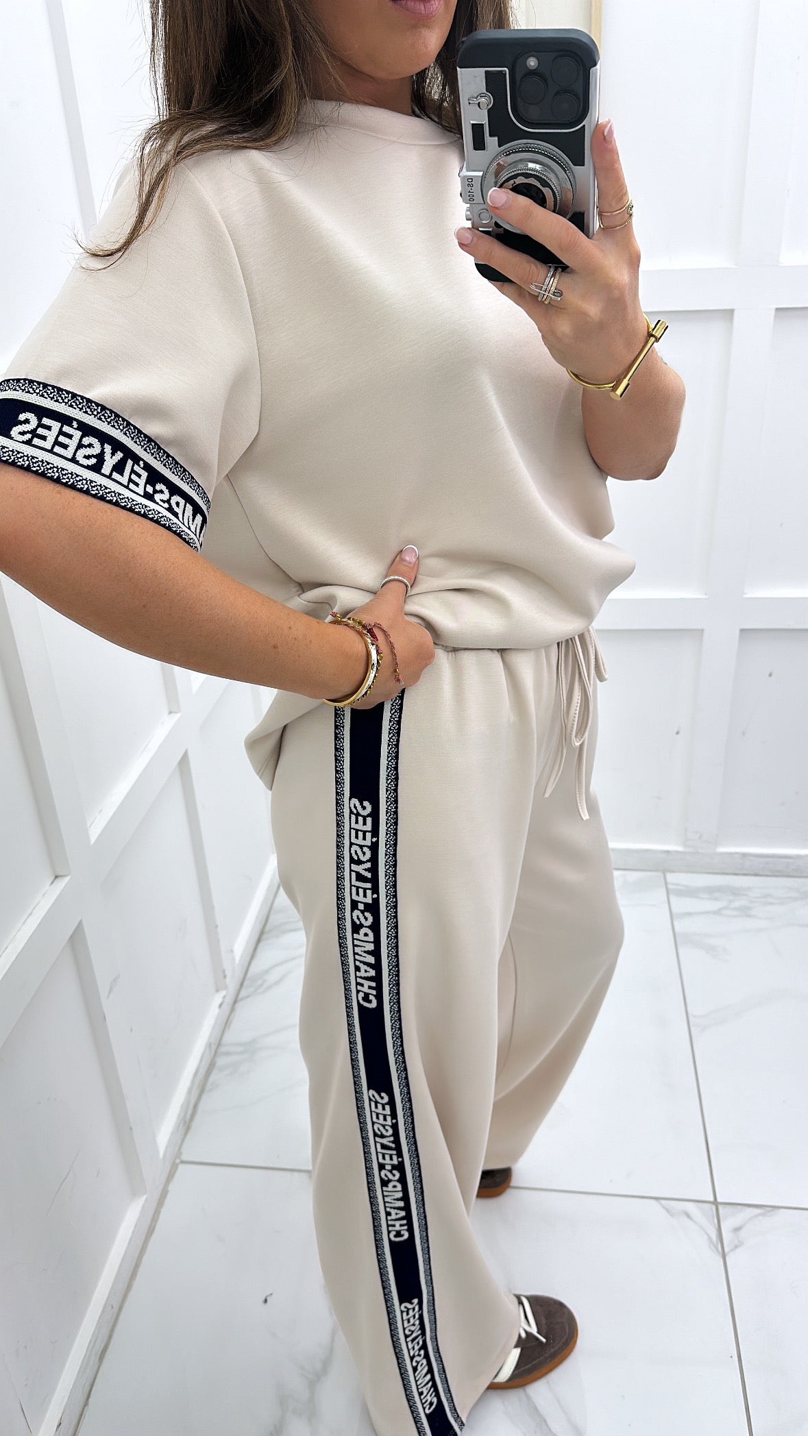 CHAMPS ELYSEE beige top and jogger tracksuit side panel slogan