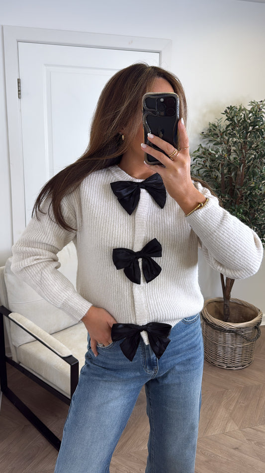 ANNALISE beige black bow cardigan