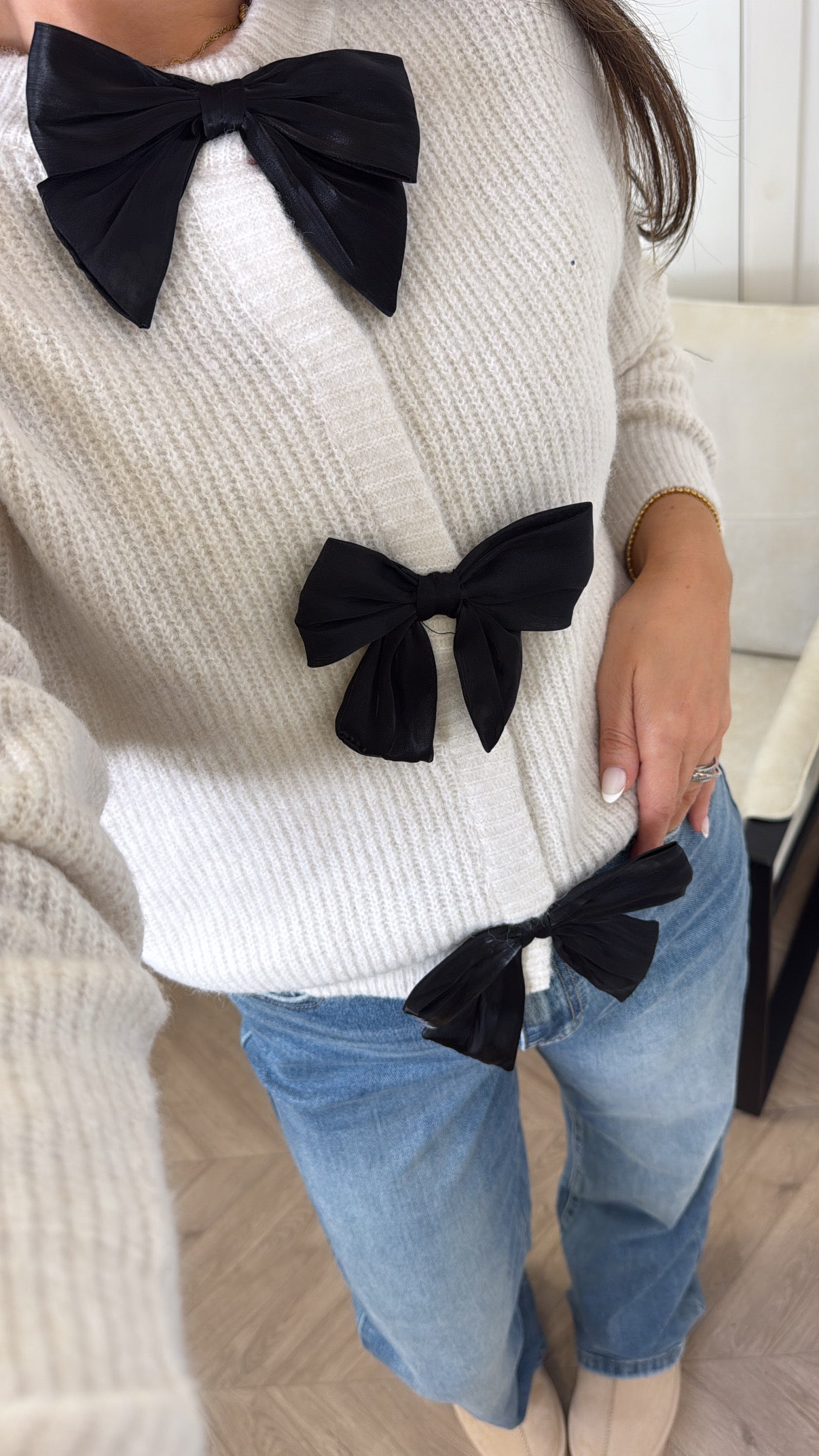 ANNALISE beige black bow cardigan