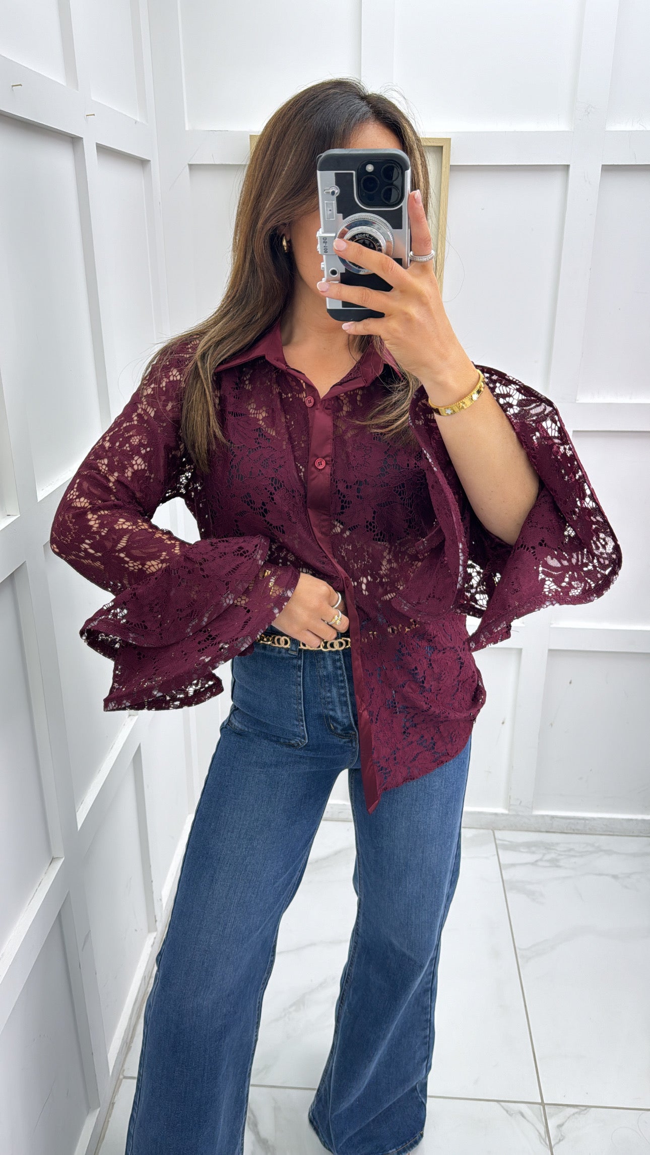 KEISHA burgundy lace blouse with frill sleeves