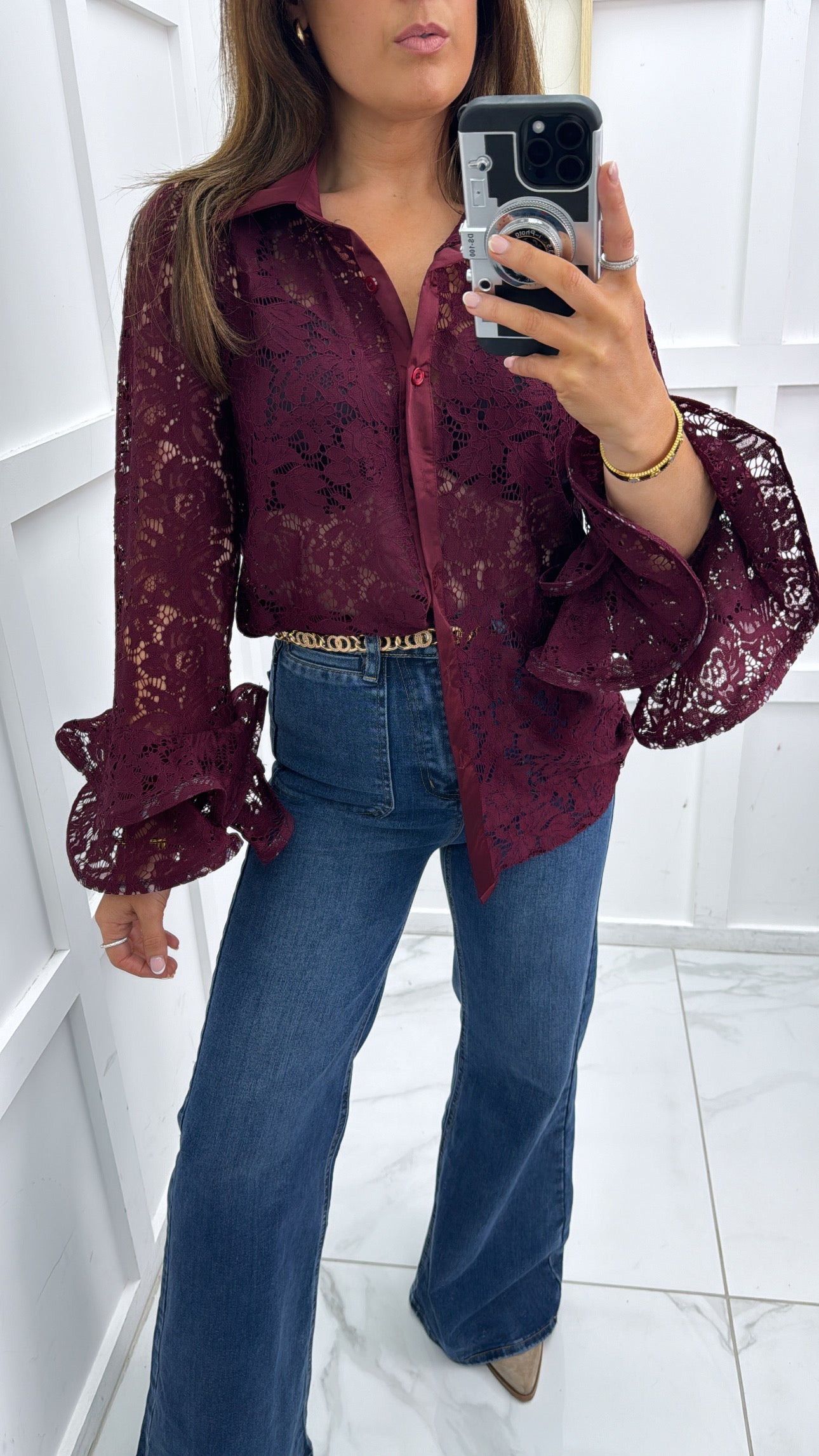 KEISHA burgundy lace blouse with frill sleeves