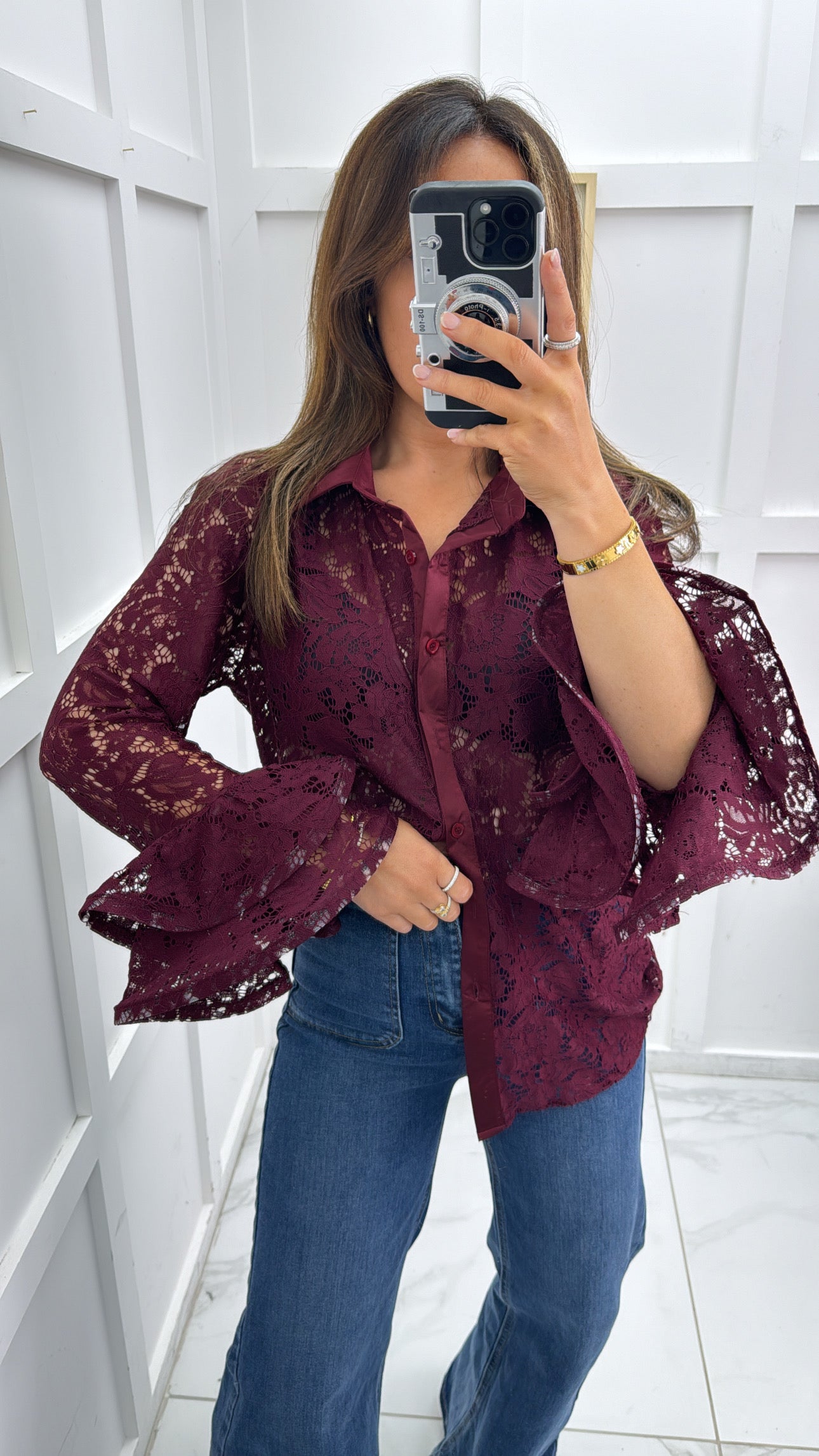 KEISHA burgundy lace blouse with frill sleeves