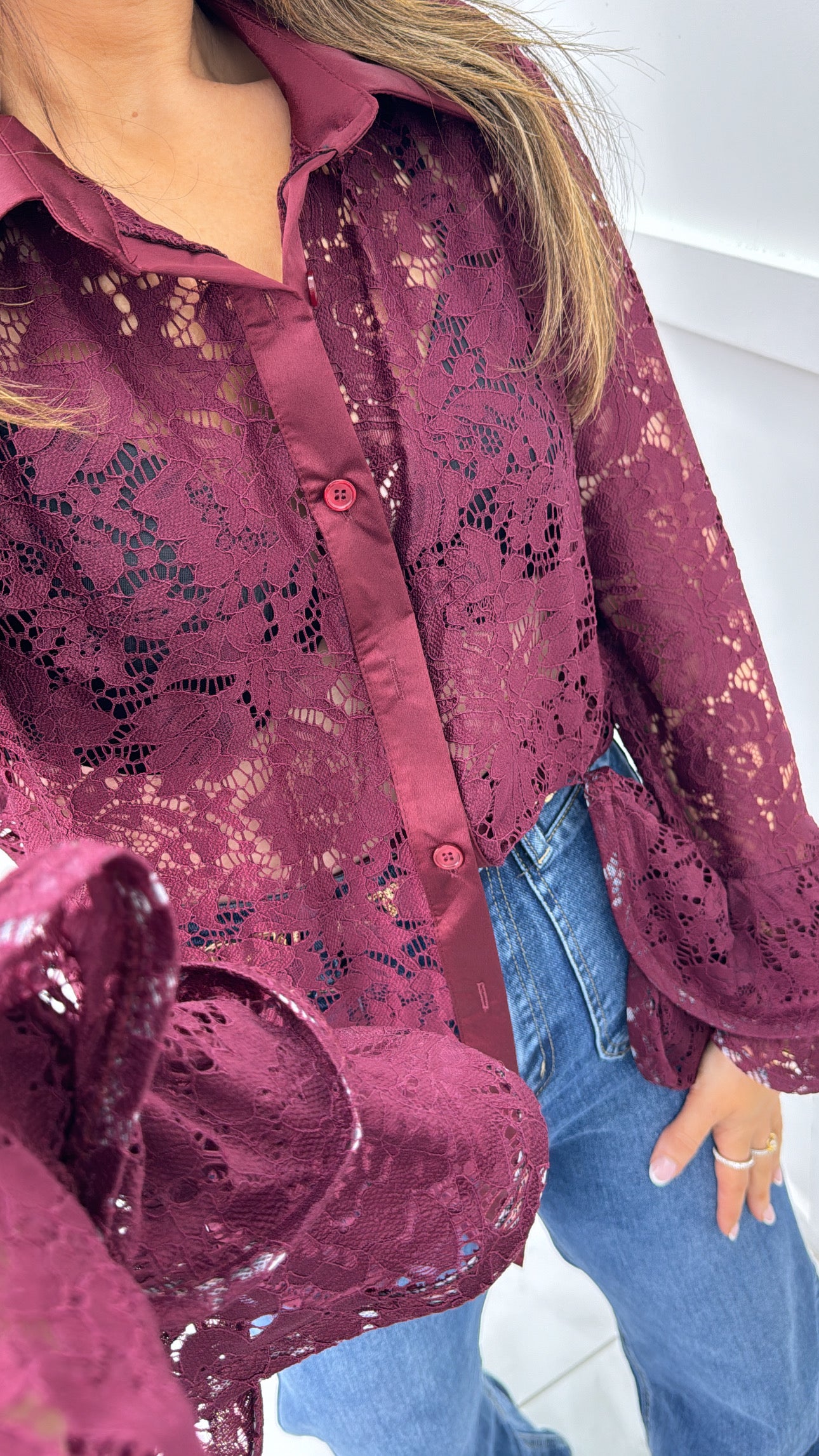 KEISHA burgundy lace blouse with frill sleeves