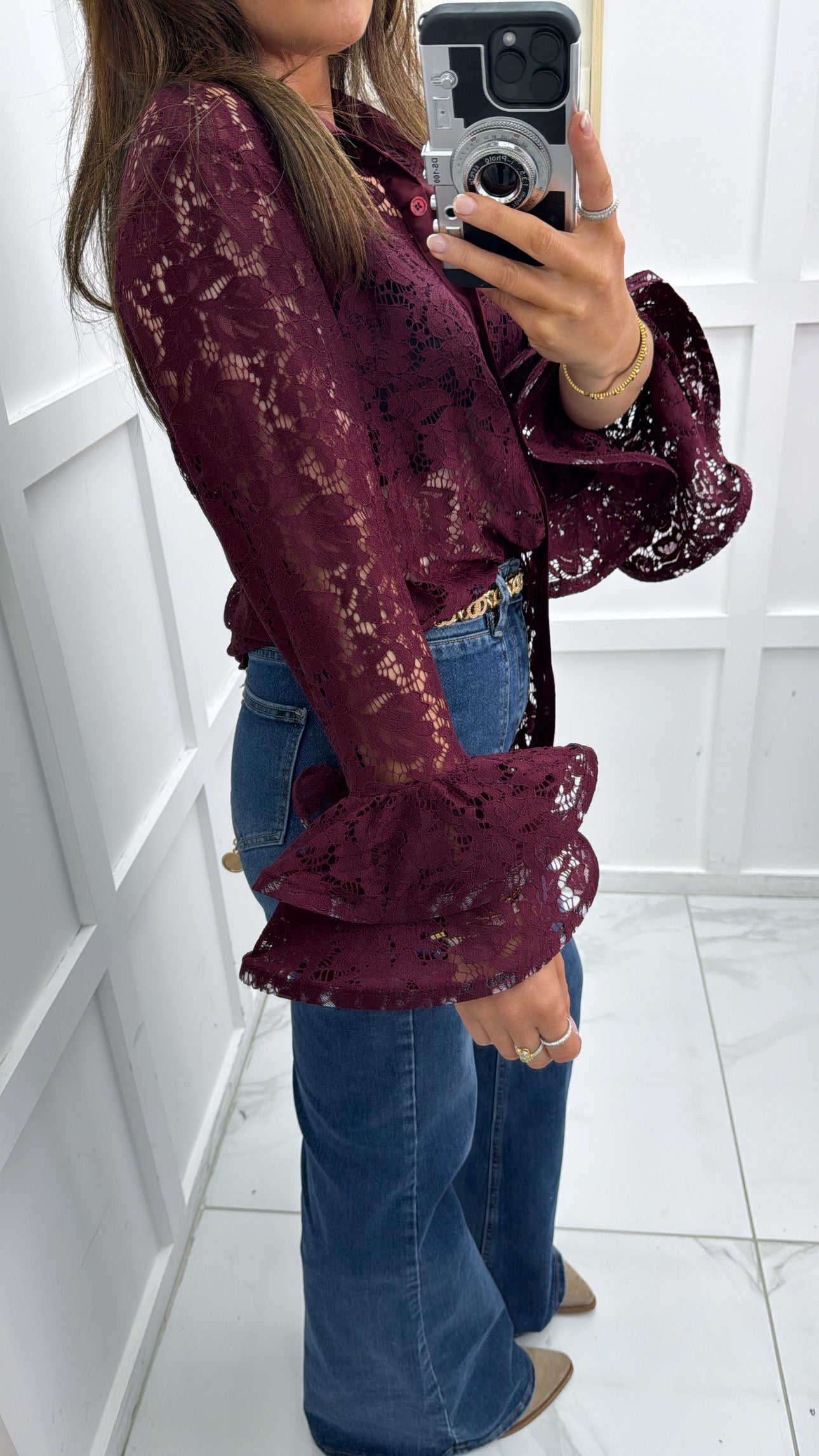 KEISHA burgundy lace blouse with frill sleeves