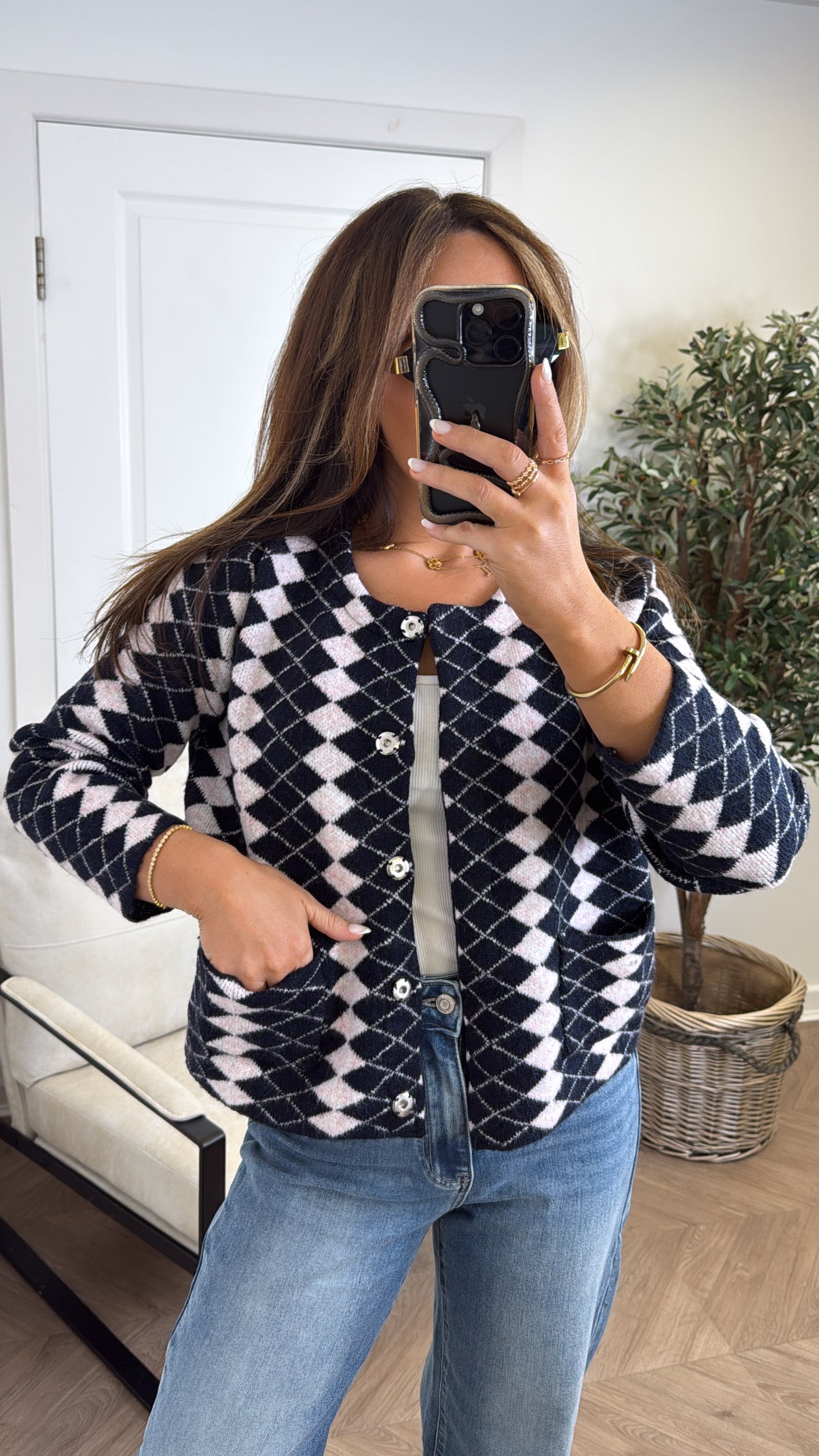 ESTELLE navy diamond check print knit cardigan