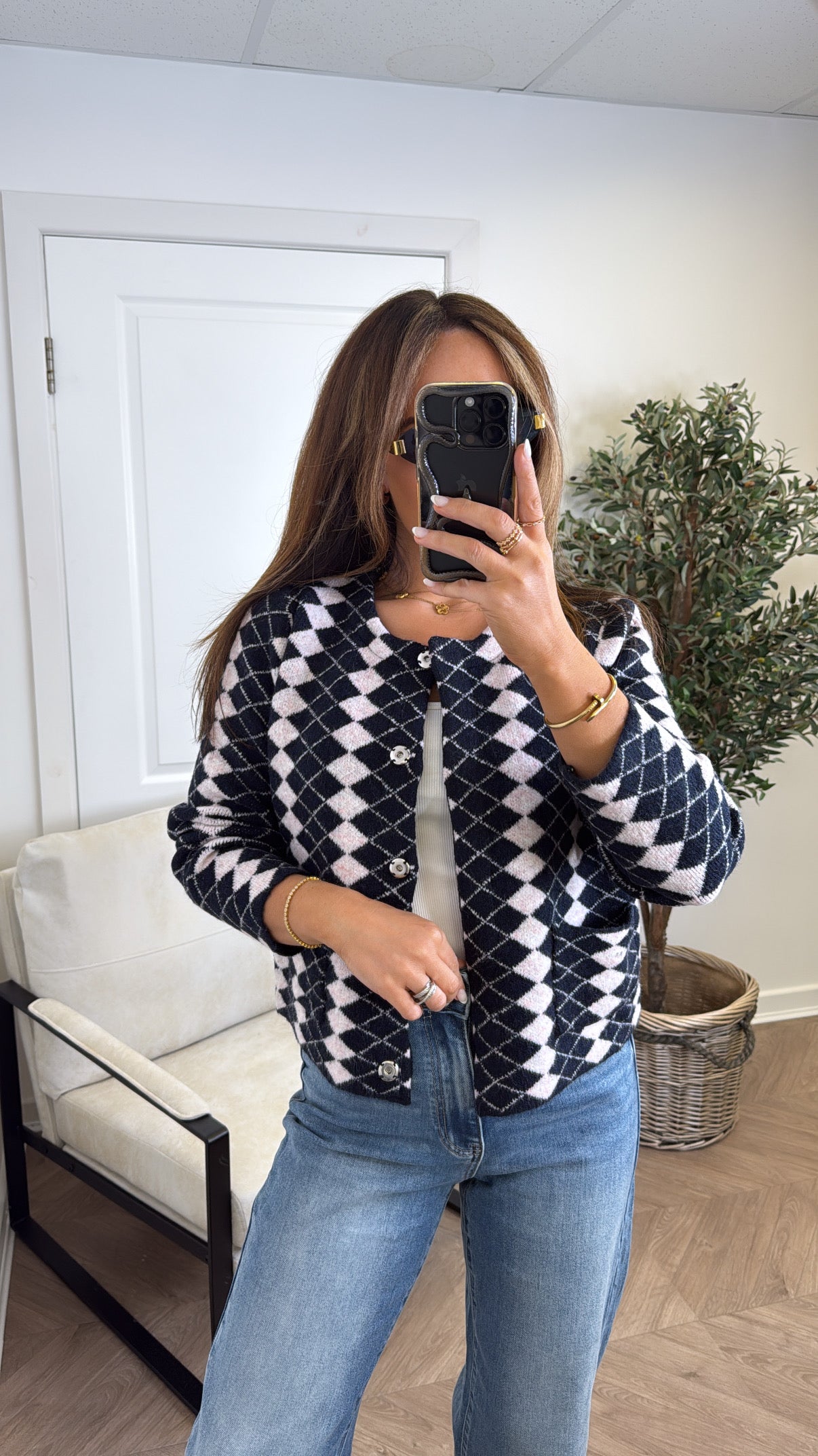 ESTELLE navy diamond check print knit cardigan