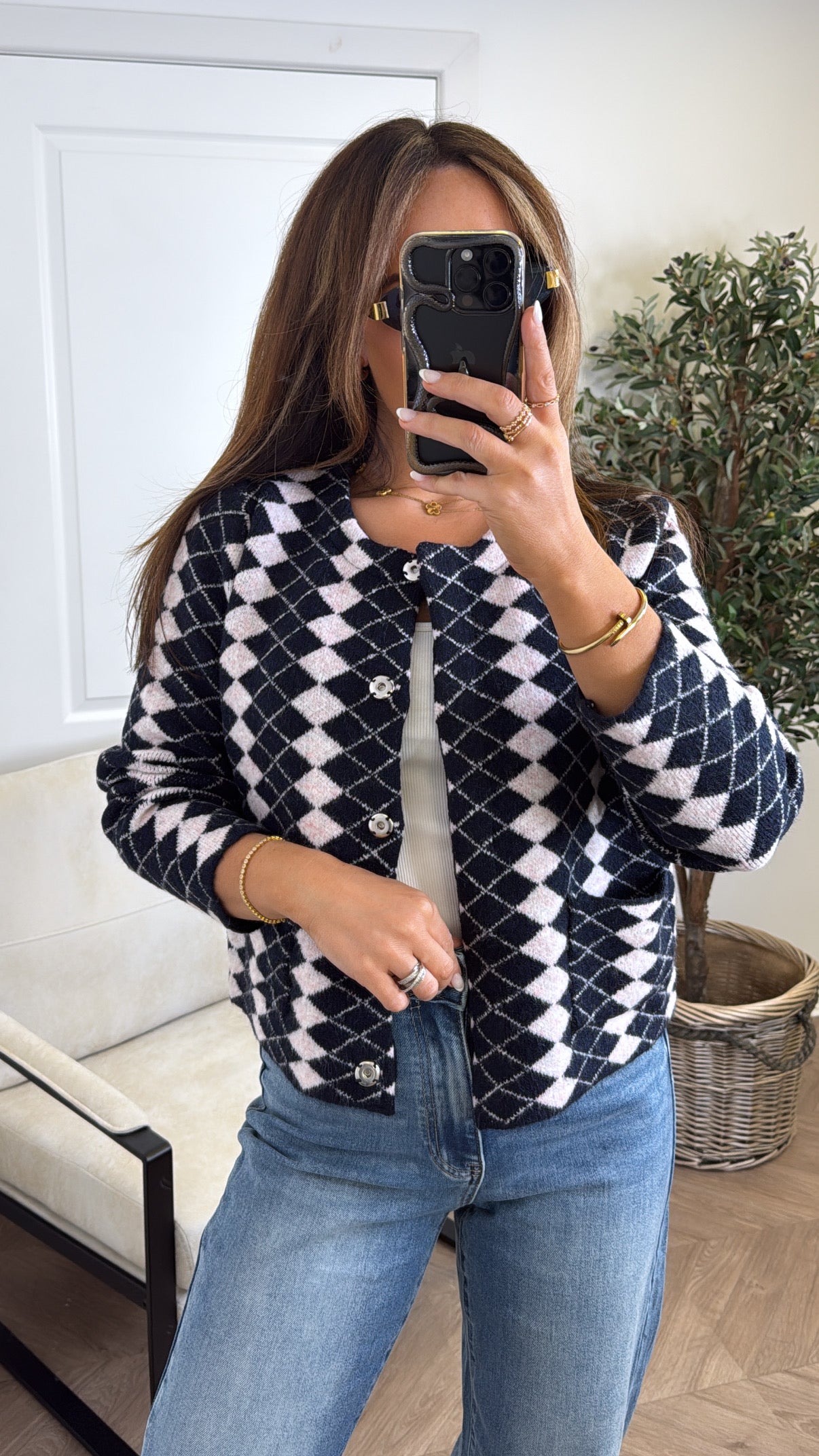 ESTELLE navy diamond check print knit cardigan