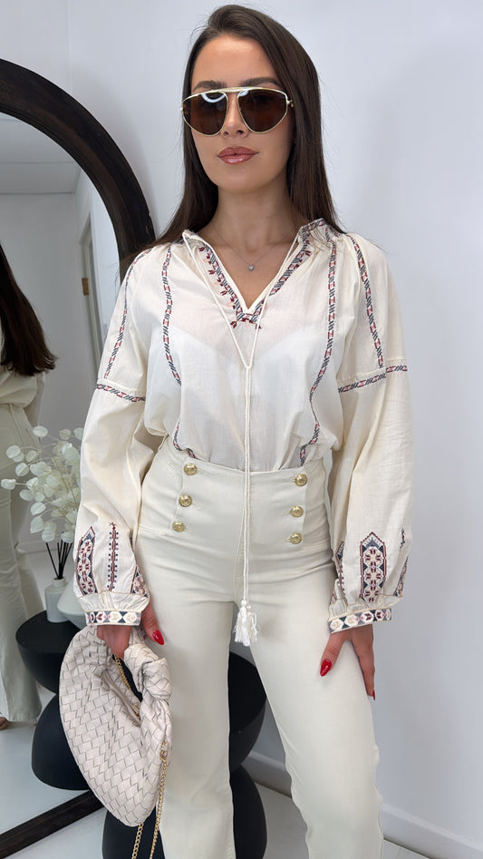 TINA cream embroidery detail smock top
