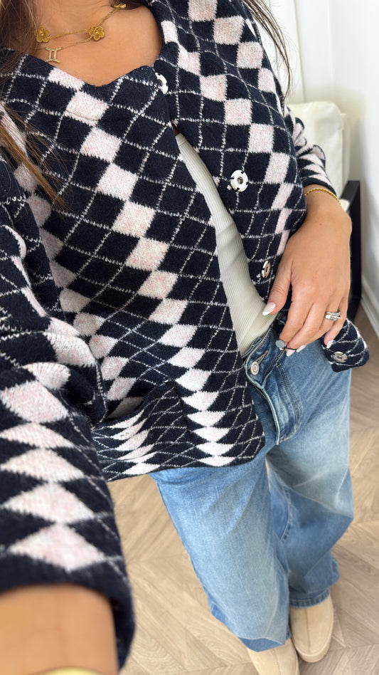 ESTELLE navy diamond check print knit cardigan
