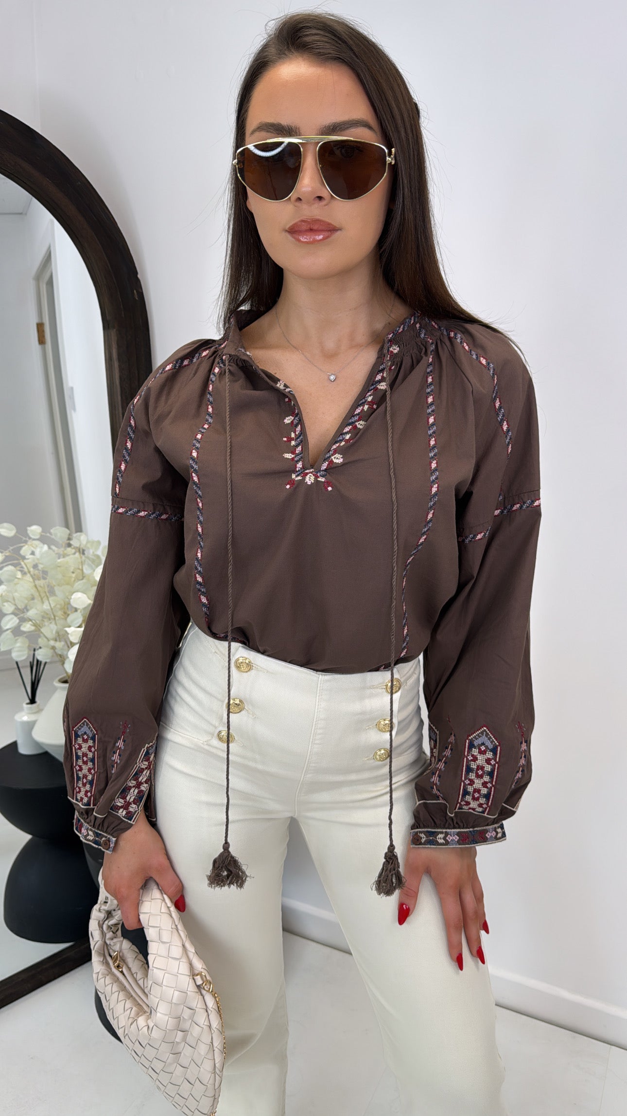 TINA brown embroidery detail smock top