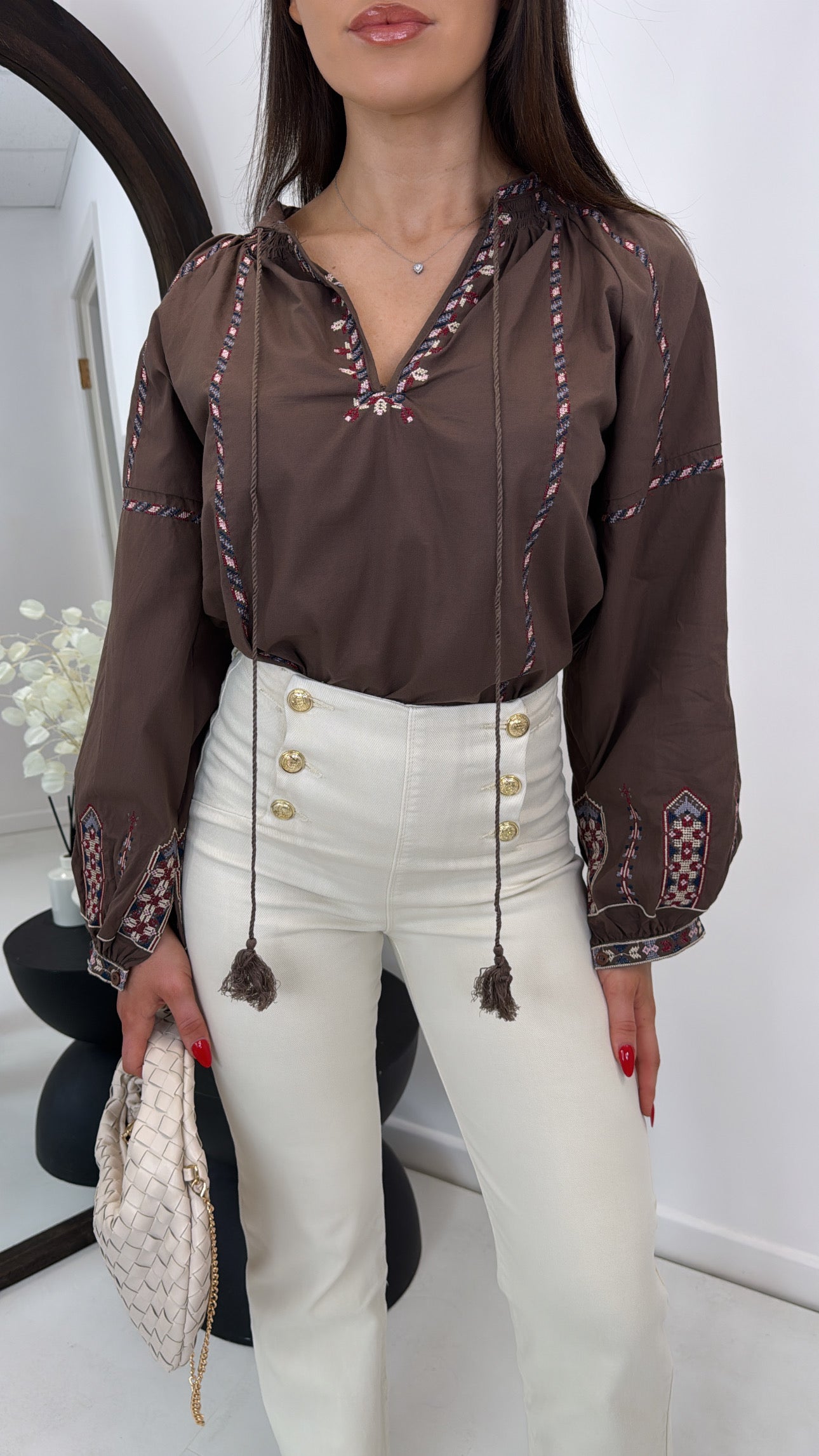TINA brown embroidery detail smock top