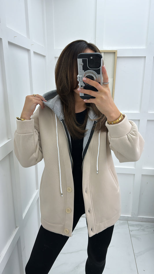 MYLA beige super soft jacket with grey hoody detail