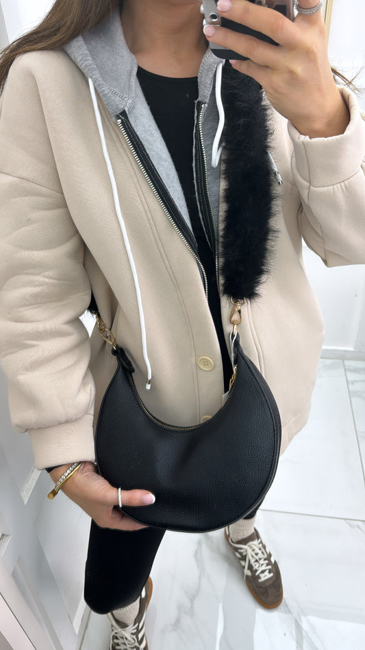 DEMI black crossbody bag with faux fur strap