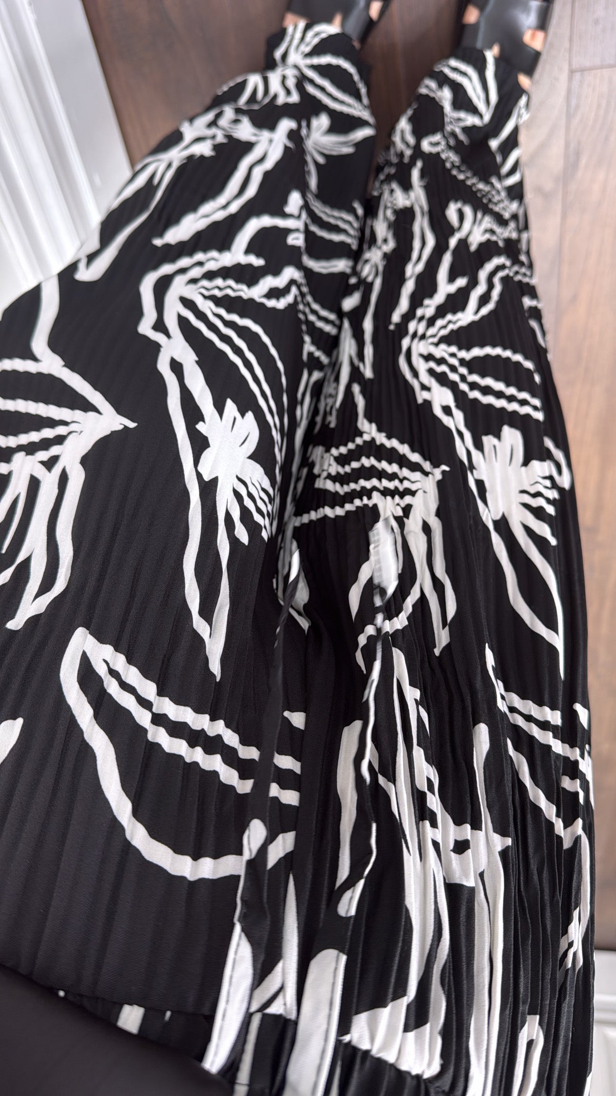 AVA black abstract print plisse wide leg trousers