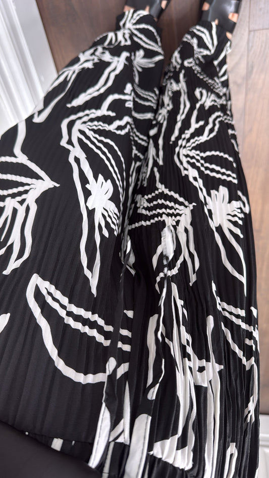 AVA black abstract print plisse wide leg trousers
