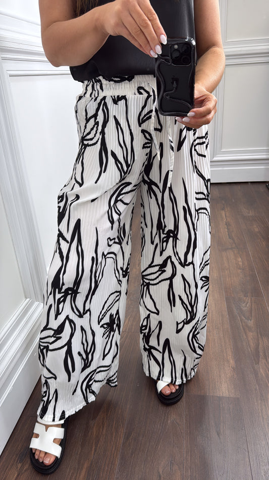 AVA white abstract print plisse wide leg trousers