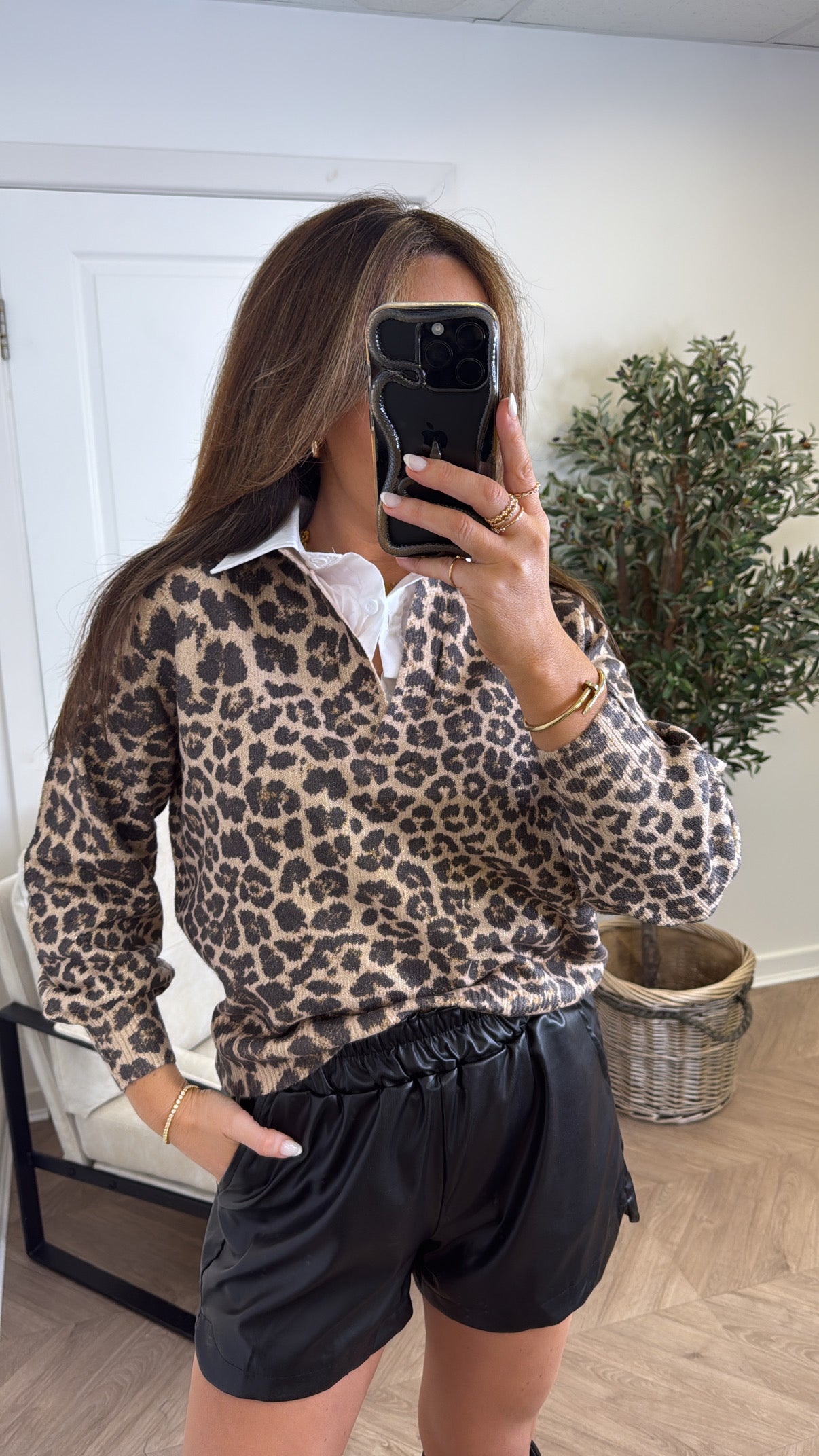 LAUREN leopard print shirt collar jumper
