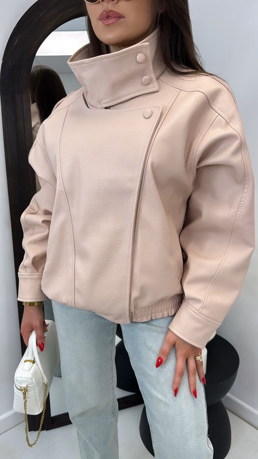 ZARIAH blush pink high neck oversize faux leather jacket