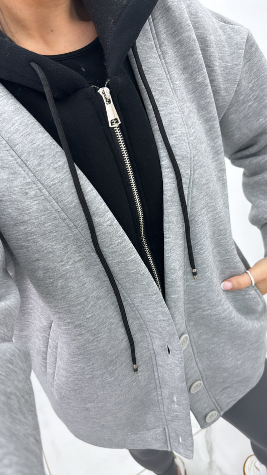 MYLA grey super soft jacket with black hoody detail