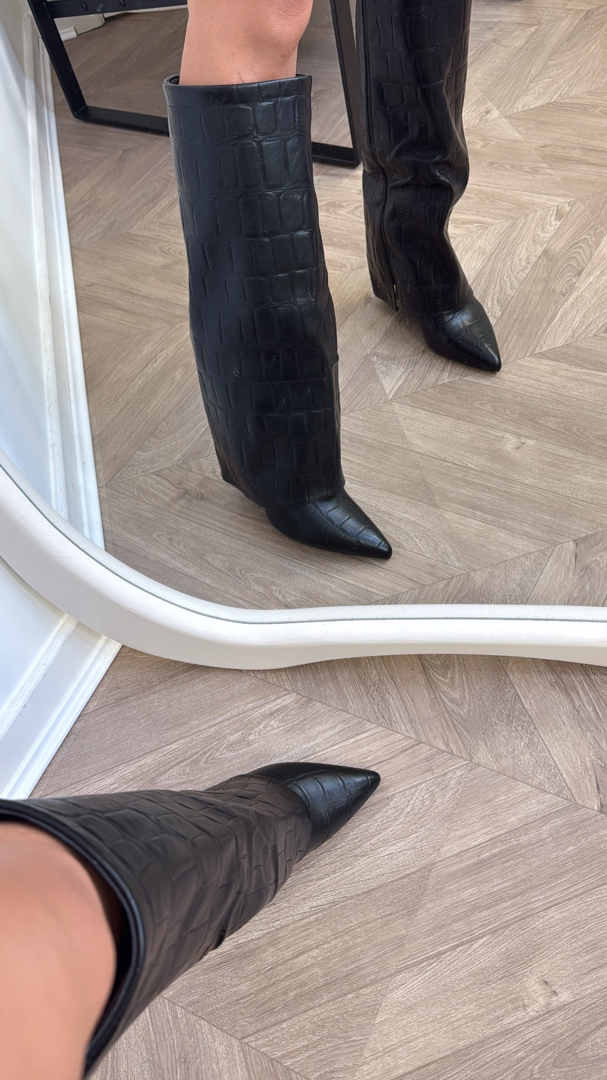 LUCINDA black croc faux leather heel boots