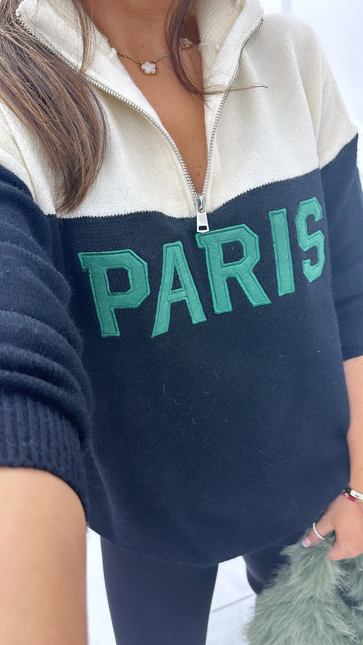 PARIS cream and black half zip sweater