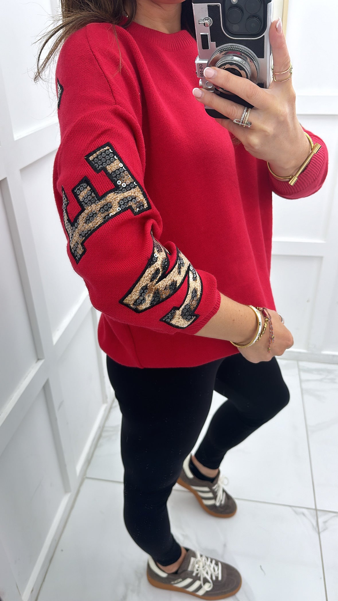 ALYSHA red knit jumper with leopard print new york slogan