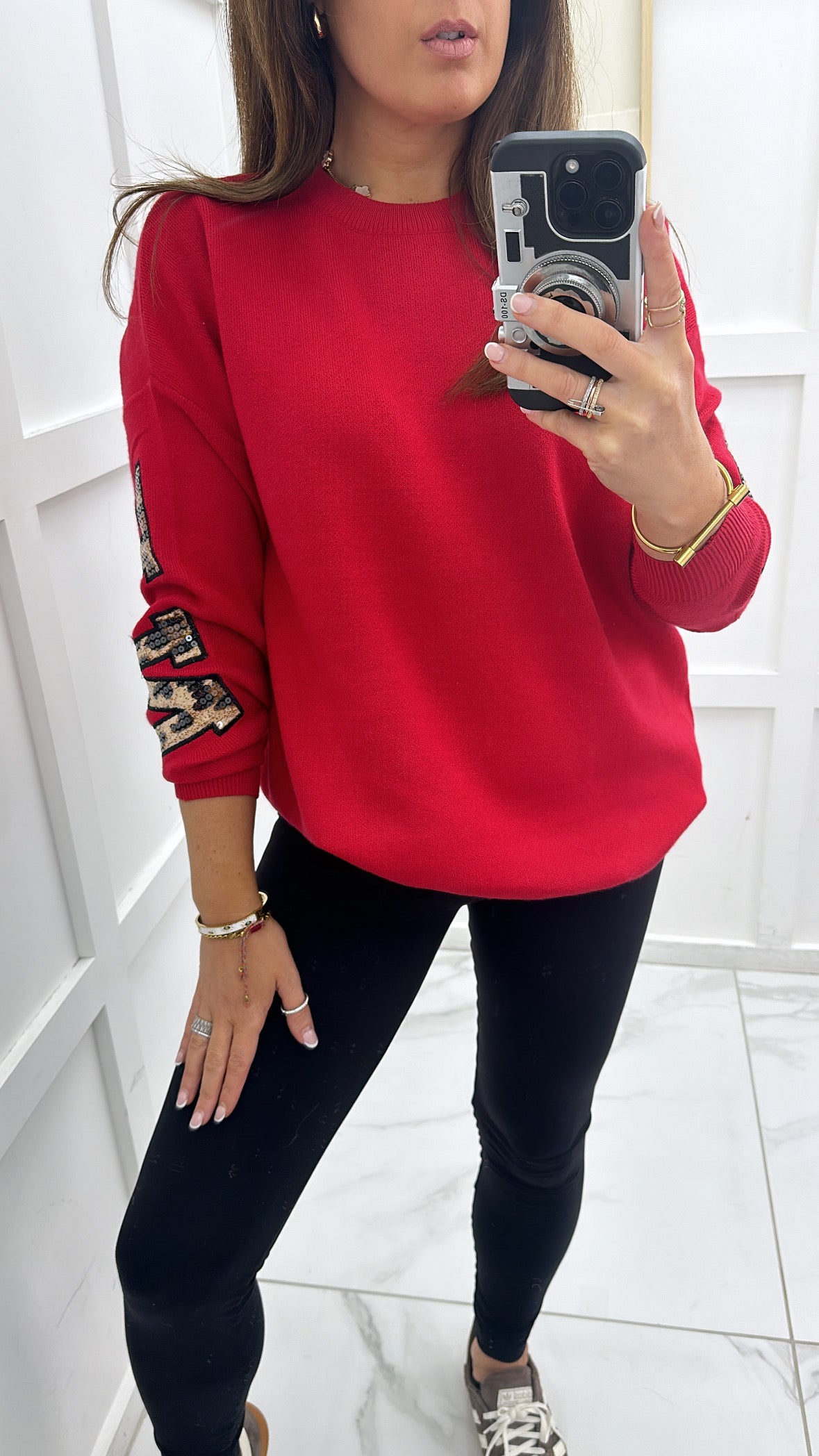 ALYSHA red knit jumper with leopard print new york slogan