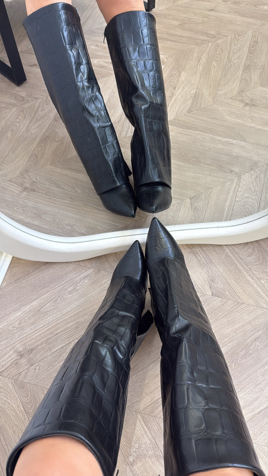 LUCINDA black croc faux leather heel boots