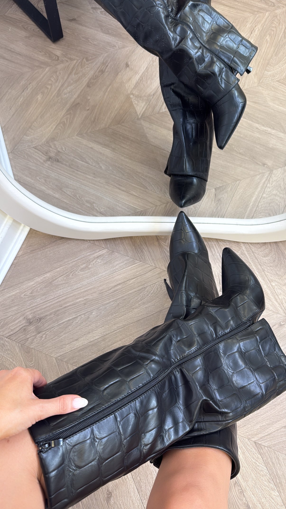 LUCINDA black croc faux leather heel boots