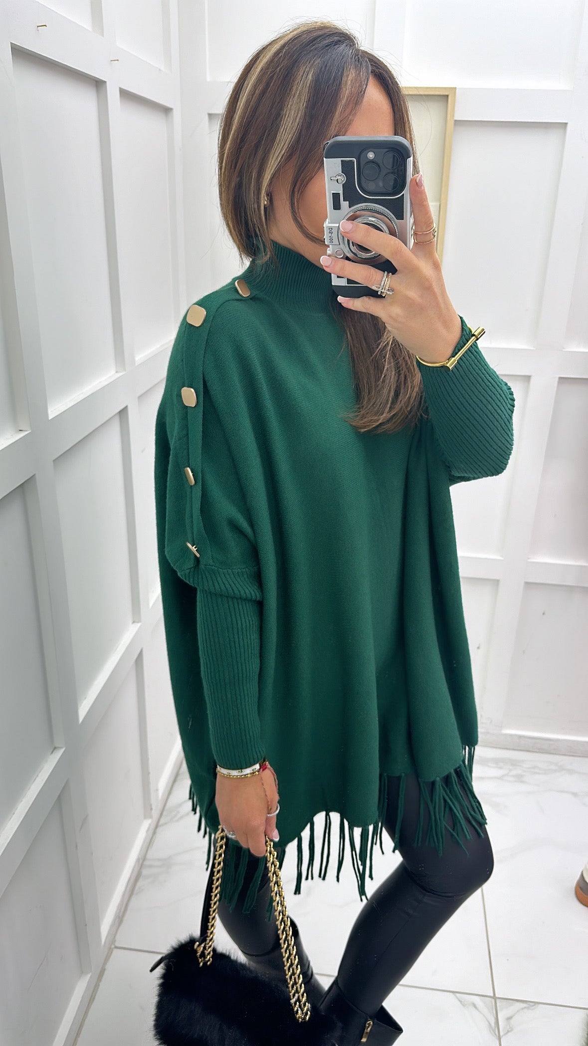 CORINA green poncho style jumper with tassels and gold buttons